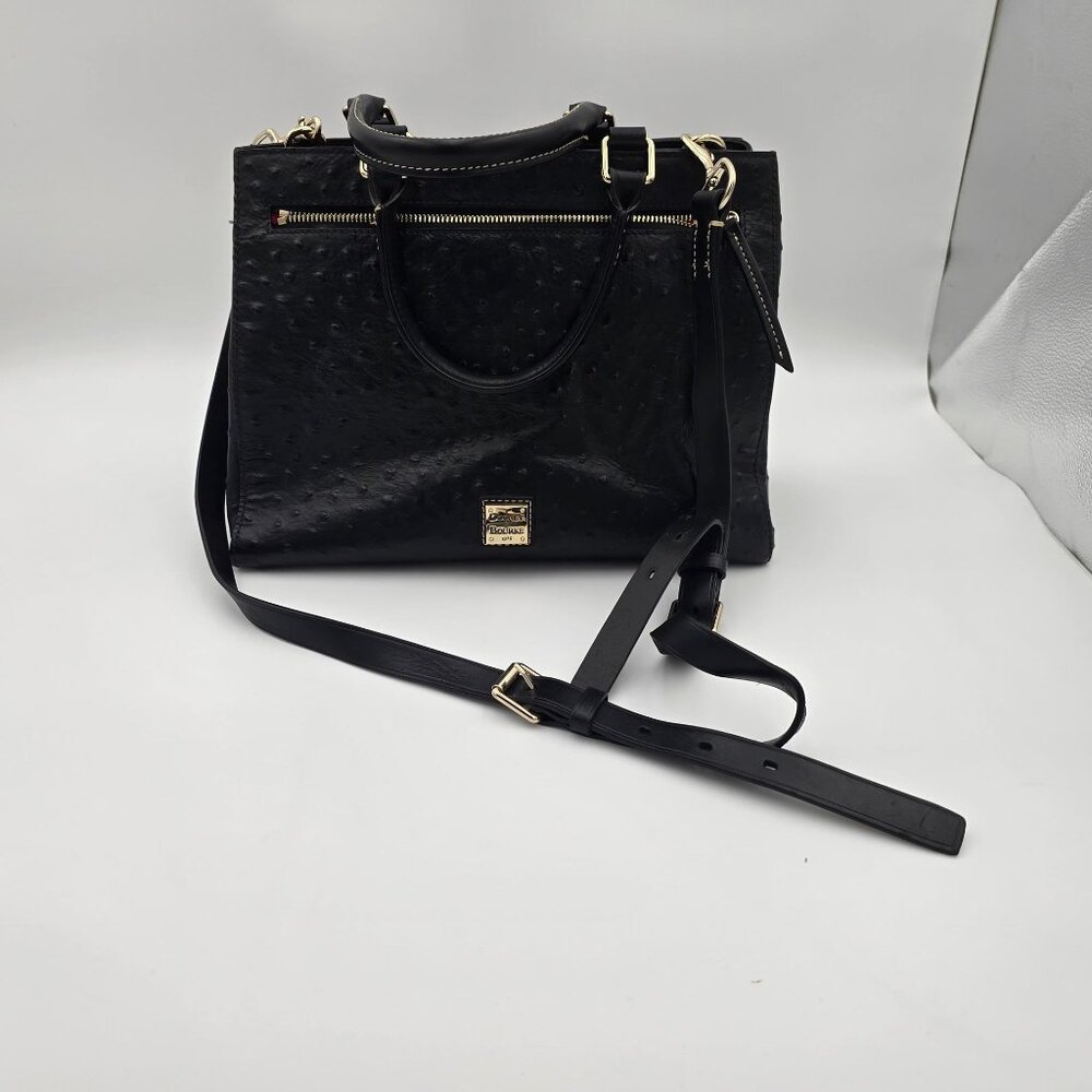 Dooney & Bourke Black Leather Ostrich Texture Satchel With Adjustable Strap